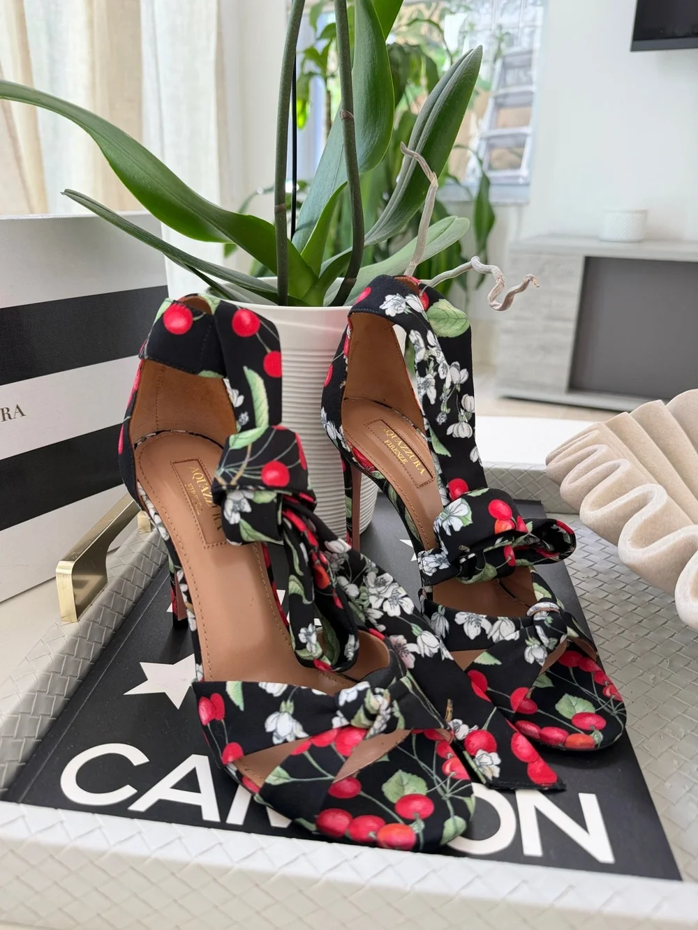 Aquazzura All Tied Up 105 Cherry Blossom Print Black Red Heels Sandlas size 36